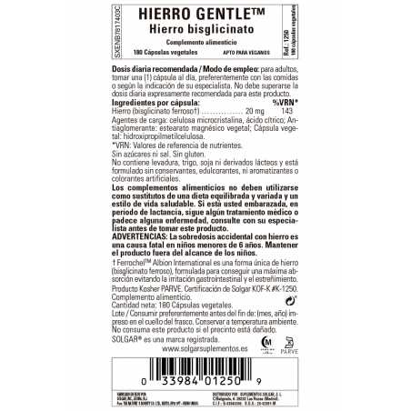 SOLGAR HIERRO GENTLE 20 MG 180 CAPSULAS