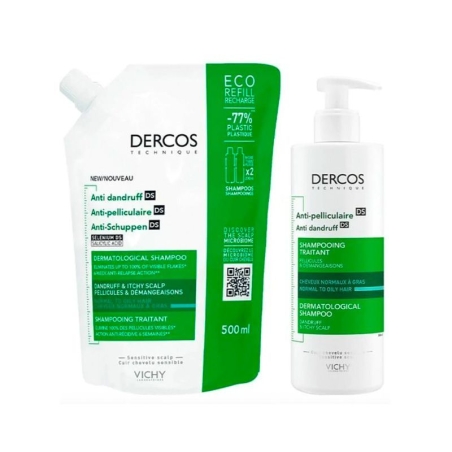 VICHY DERCOS CHAMPU ANTICASPA CABELLOS SECO 390ML + ECOREFILL 500ML