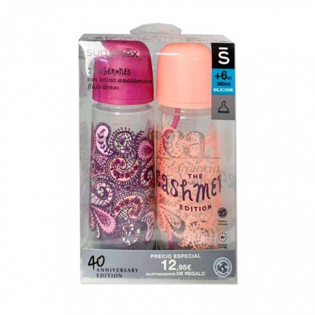 Suavinex Biberón Tetina Anatómica Silicona Flujo Denso +6m 360ml Pack 2Uds